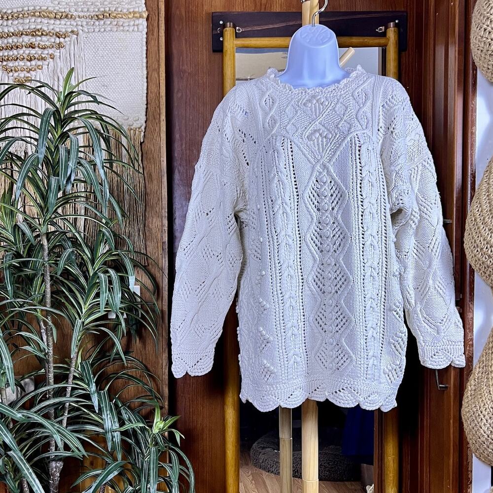 Vintage Laura Ashley Sweater Womens M Ivory Cable Bobble Knit Cotton Hong Kong